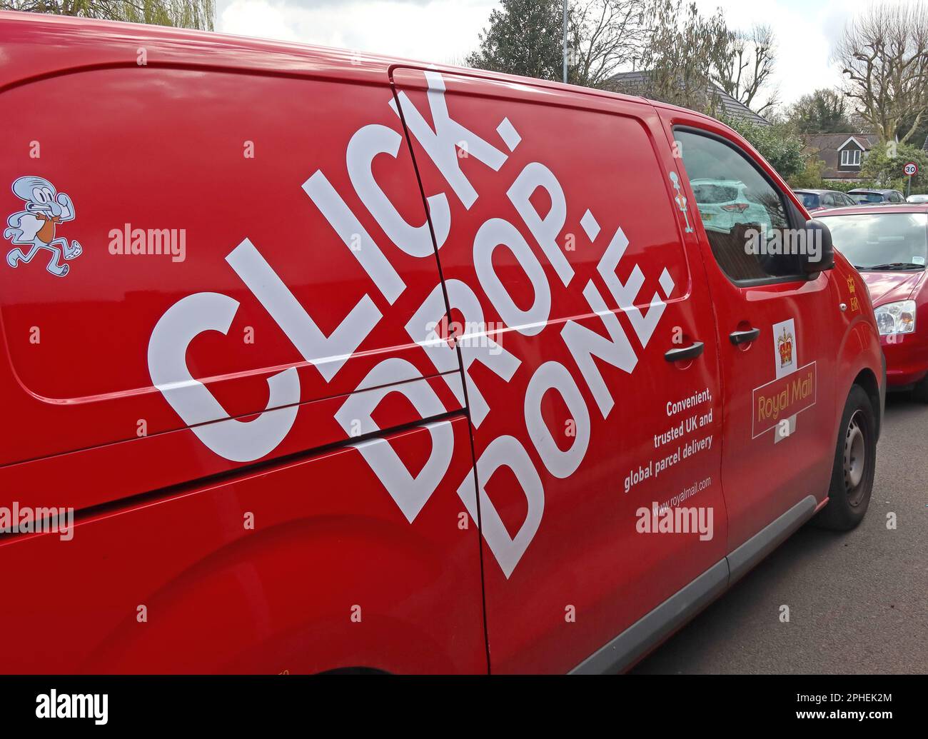 Royal Mail Van - advertising new emphasis on parcels, Click Drop Done parcel service Stock Photo