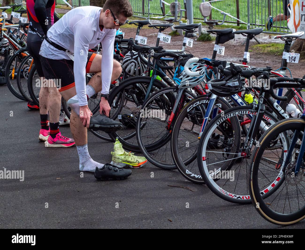 Caen, France 2023. Triathlon competition in Caen, bikes prepared for a