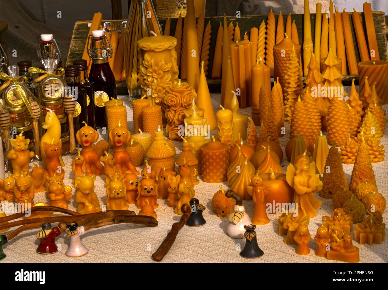 Handmade natural wax candles with a texture, an unusual interior element Stock Photo