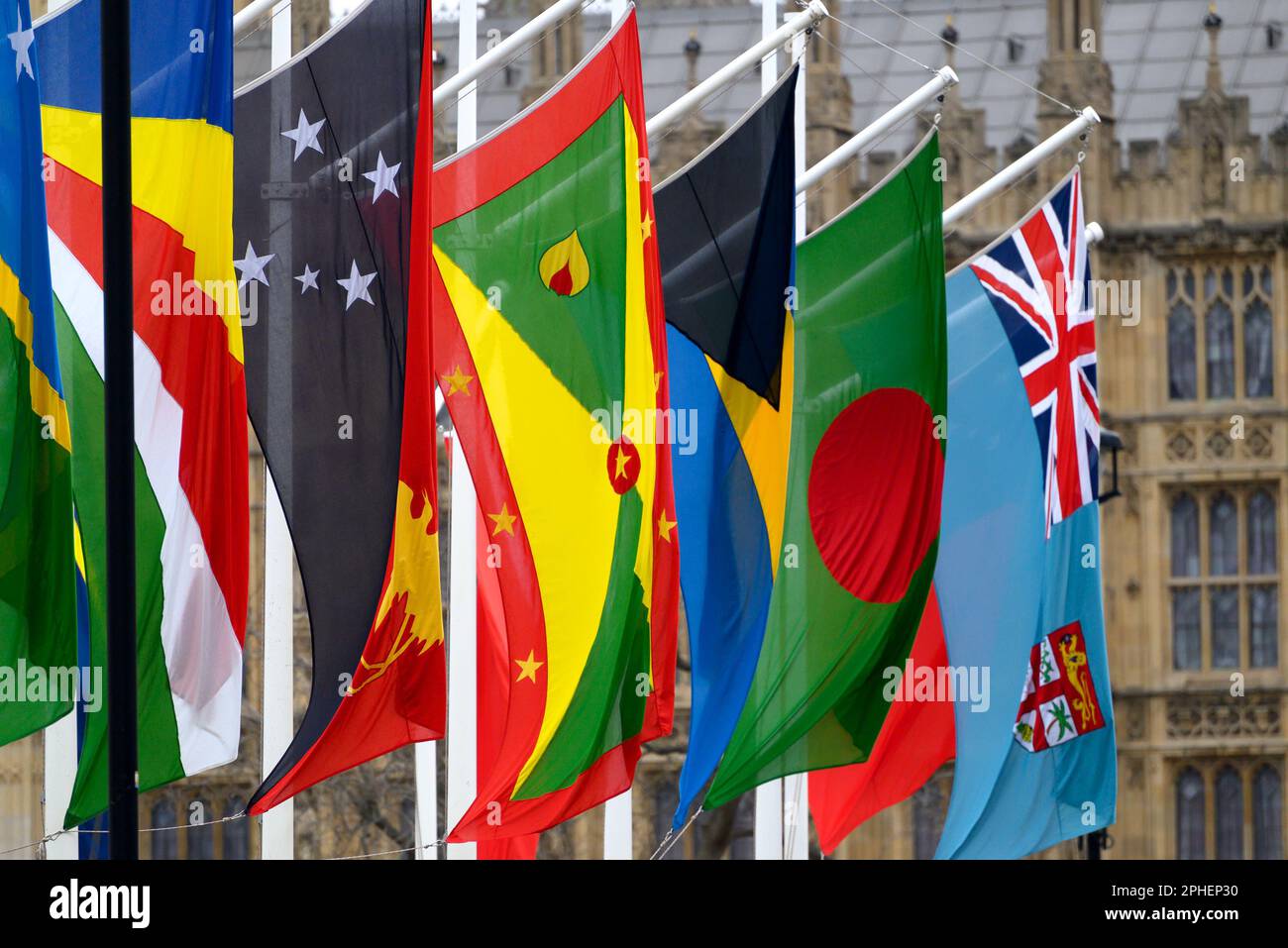 London, England, UK. Flags of the Commonwealth countries around