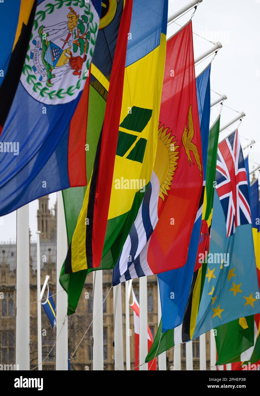 London, England, UK. Flags of the Commonwealth countries around