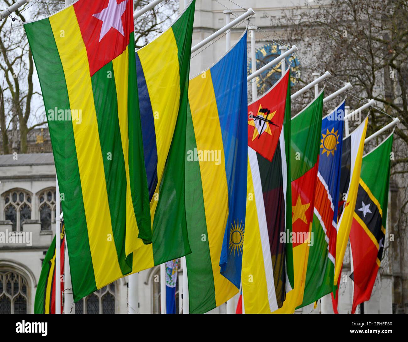 London, England, UK. Flags of the Commonwealth countries around Parliament Square for Commonwealth Day, March 13th 2023 Stock Photo