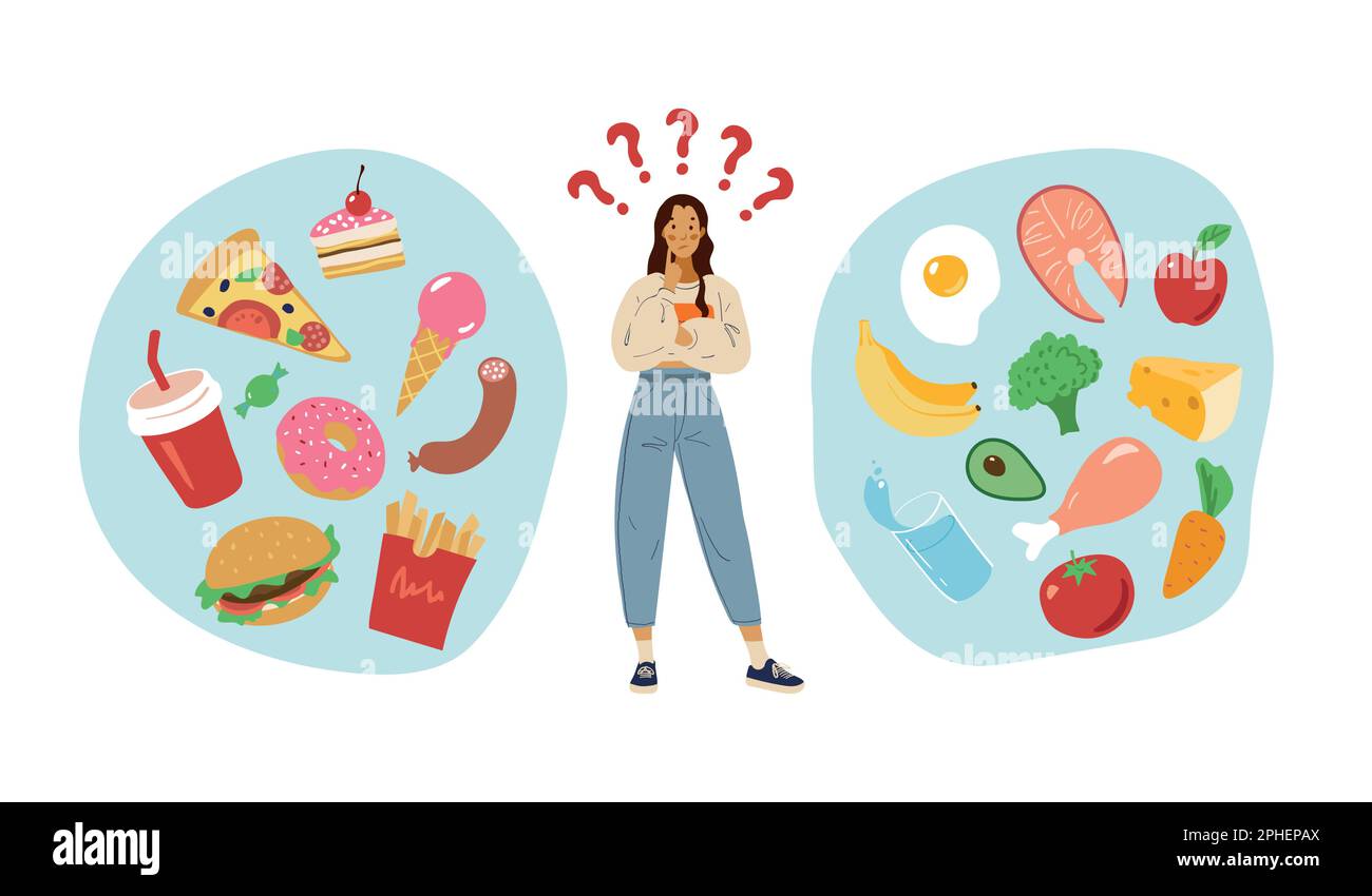 The concept of choosing between healthy eating and fast food. A young