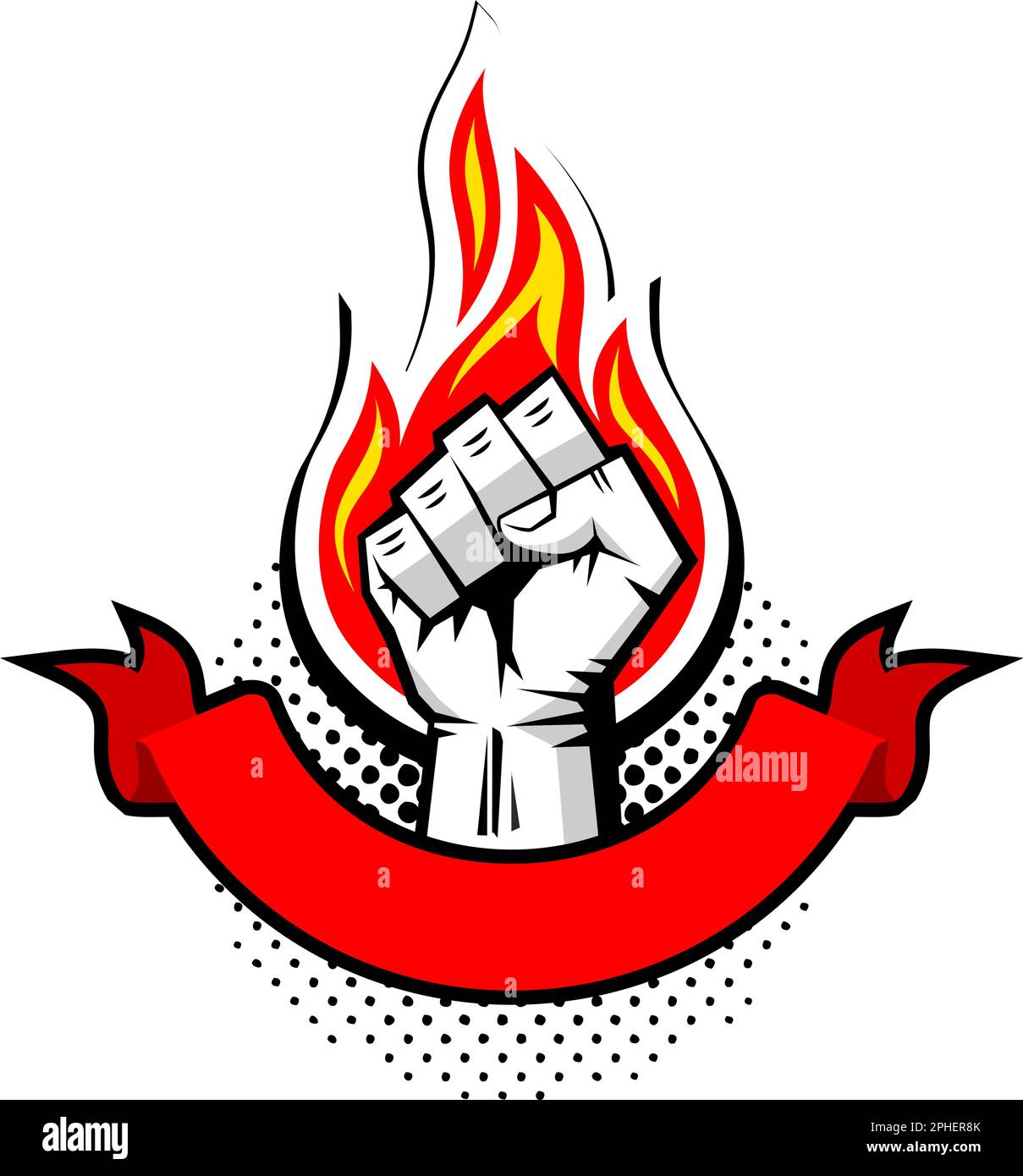 Silhouette of clenched fist of raised hand against the background of  flame. Vector template for you text on transparent background Stock Vector
