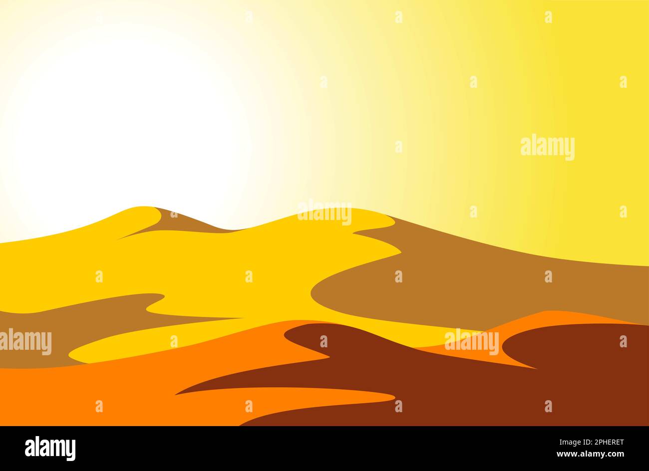 Sandy desert under hot sun in yellow sky. Vector background Stock Vector