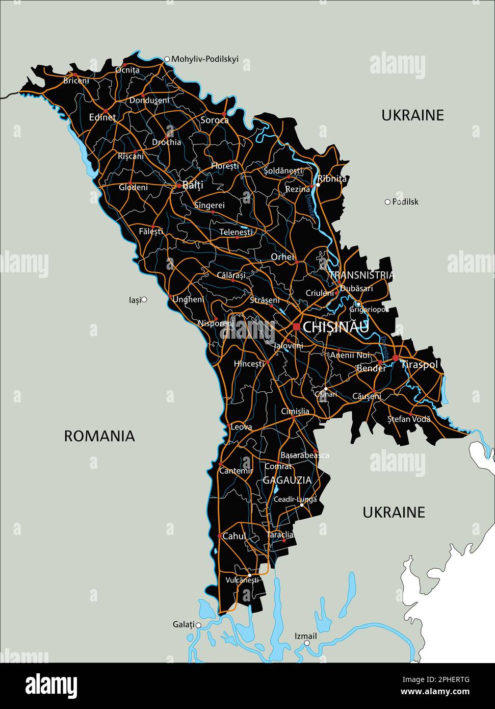 High detailed Moldova road map with labeling. Stock Vector