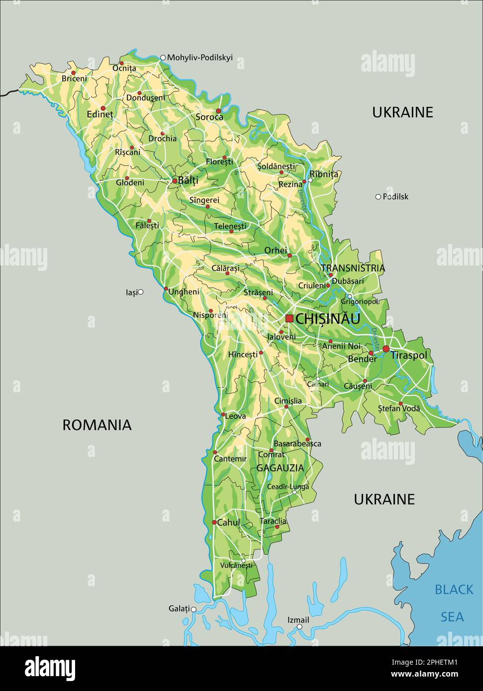 Highly detailed Moldova physical map with labeling. Stock Vector