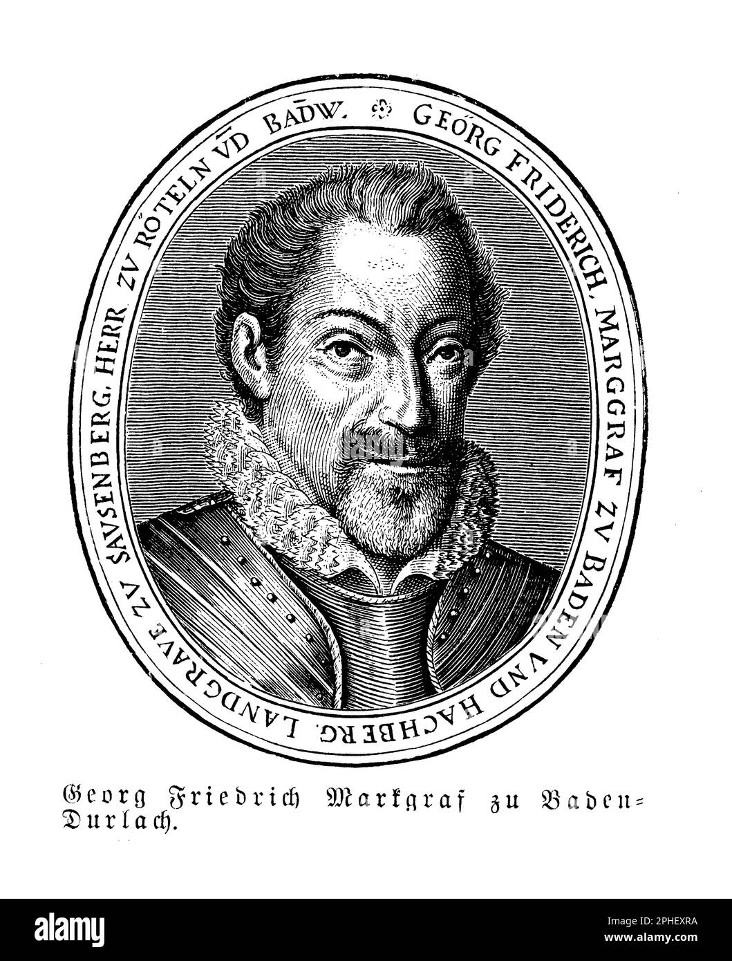 Georg Friedrich (1573-1638) was the Margrave of Baden-Durlach, a territory in southwestern Germany. He was a key Protestant leader during the Thirty Years' War and played an important role in the defense of the Protestant cause in the region. Georg Friedrich was also a patron of the arts and sciences and his court in Karlsruhe became a center of humanistic learning and Baroque culture. He was known for his diplomacy and skillful negotiations, which helped him to maintain a level of autonomy for Baden-Durlach during the war Stock Photo