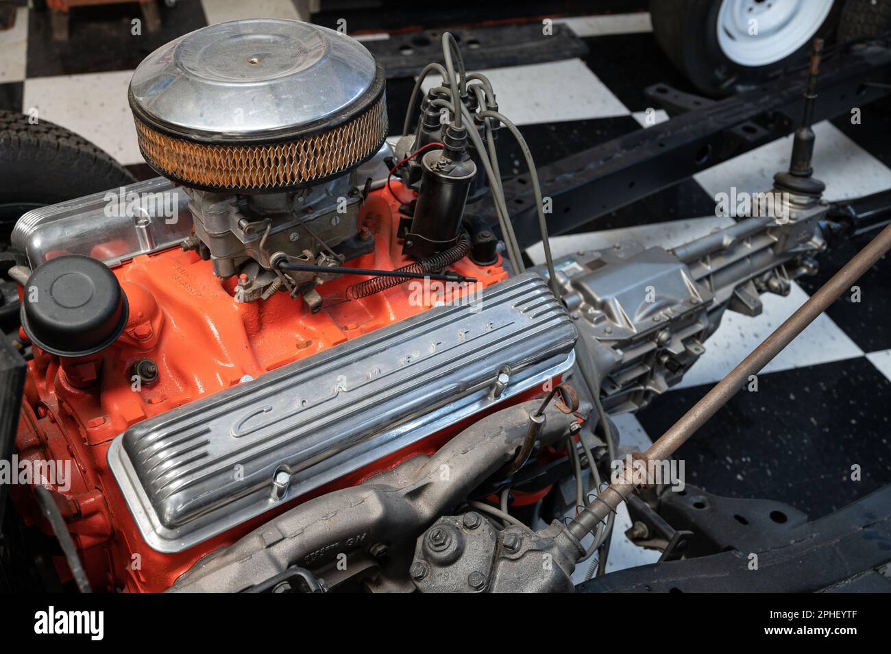 Detail of the powerful engine and gearbox of a classic Chevrolet Corvette Stock Photo