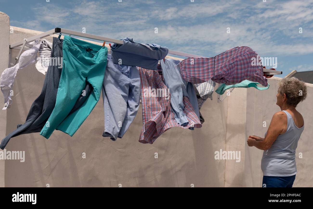 Wet clean underwear hanging out to dry on clothes line in