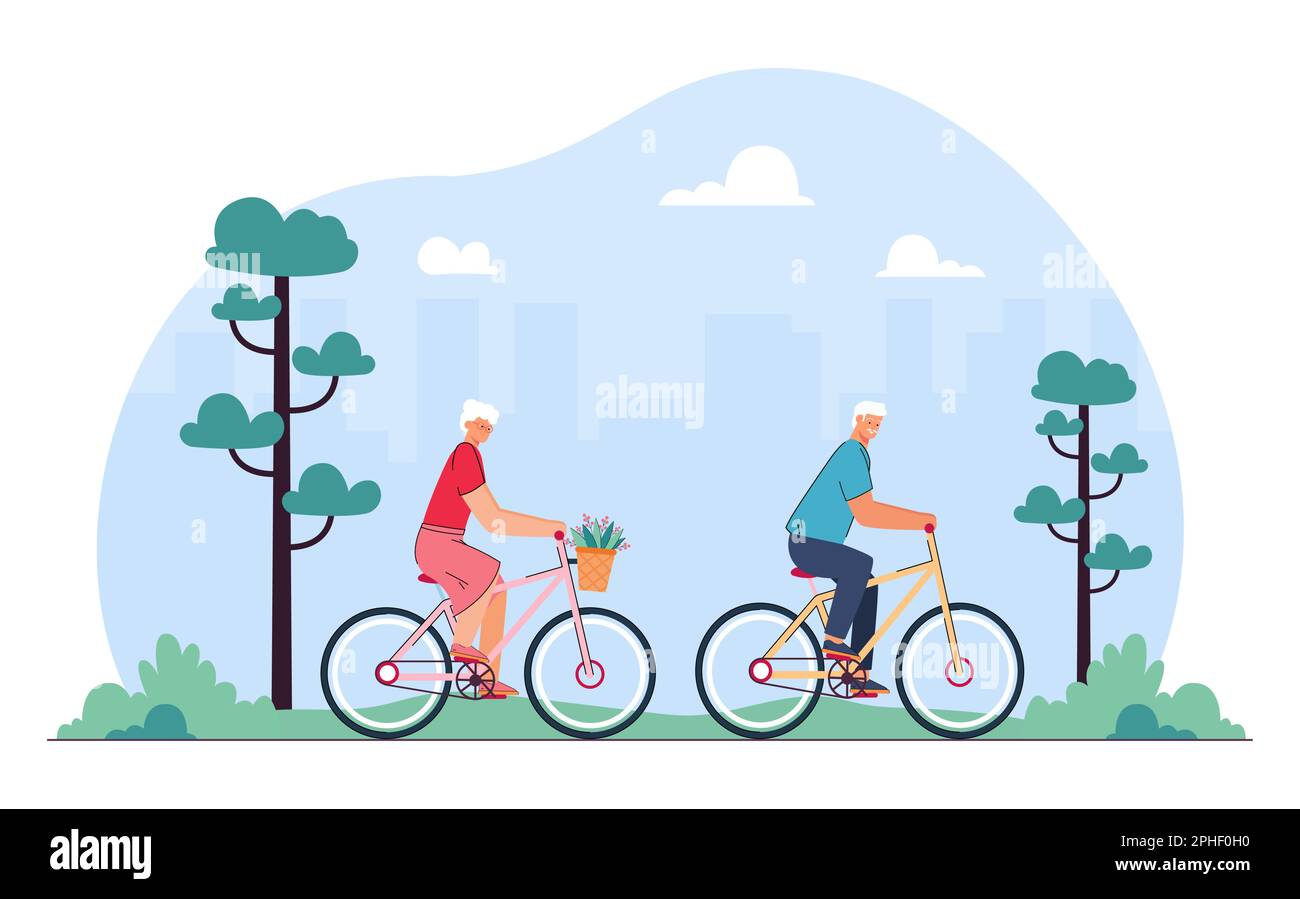 Senior people cycling in city park flat vector illustration Stock ...