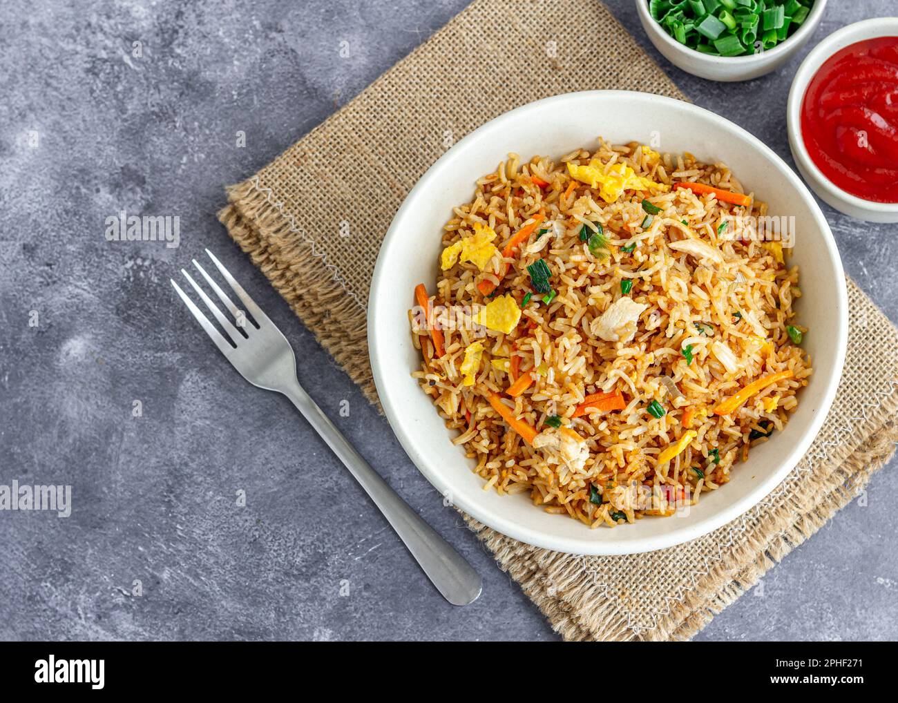 Asian Fried Rice with Tomato Sauce, Garnished with Green Onion Top Down Photo Stock Photo Alamy