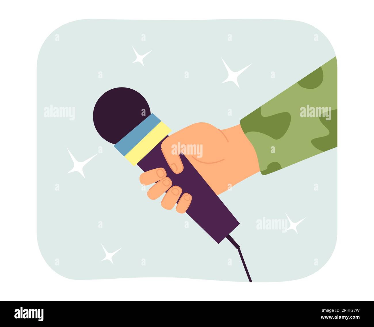 Hand of journalist holding microphone with Ukrainian flag Stock Vector
