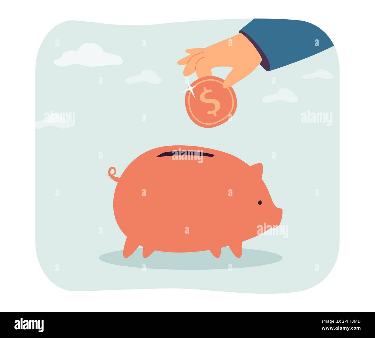 Hand putting gold coin into piggy bank flat vector illustration Stock ...