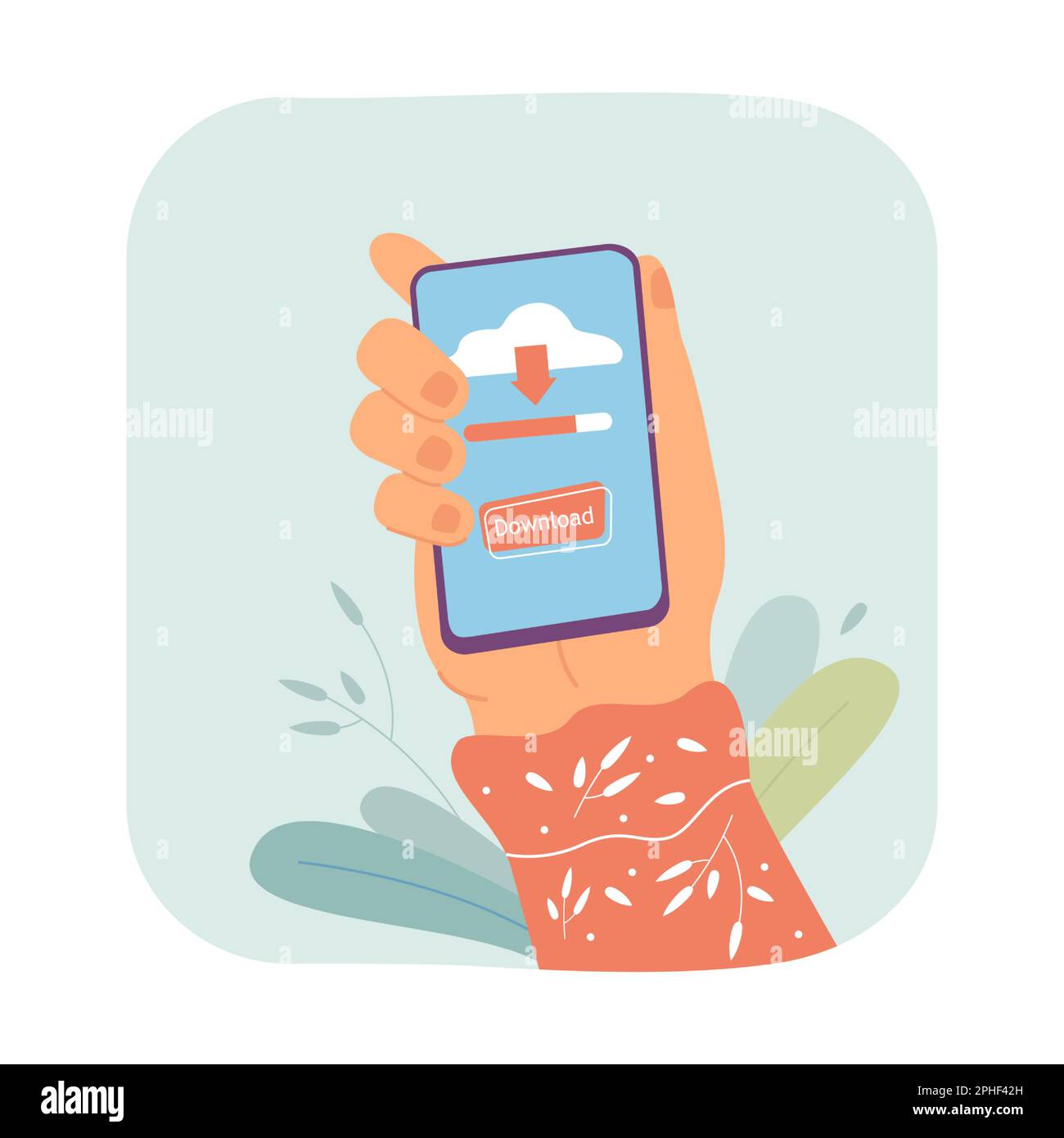 Hand holding smartphone with download button on screen Stock Vector
