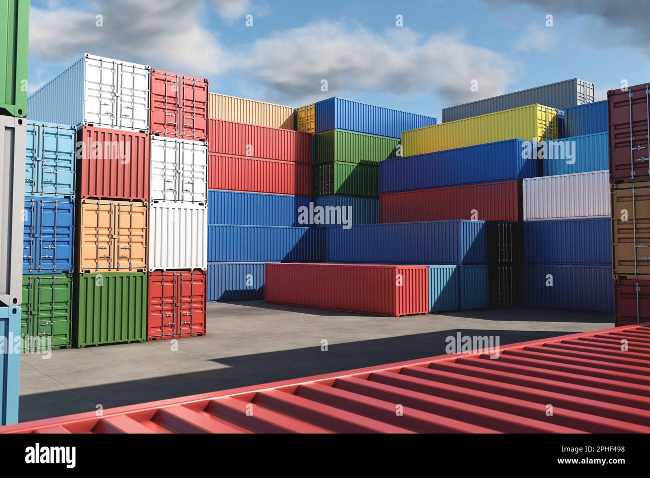 Lots of long cargo containers stacked at the terminal/port for import export business. Logistics, unloading, loading, storage, cargo sorting Stock Photo