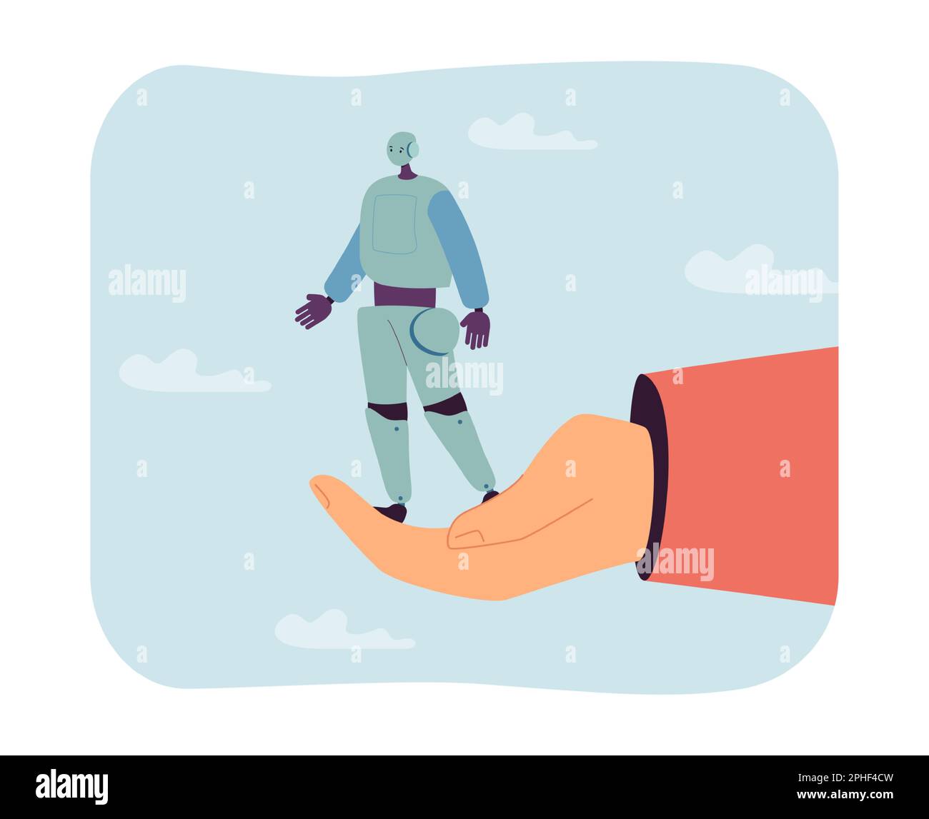 Tiny robot standing on humans hand flat vector illustration Stock Vector