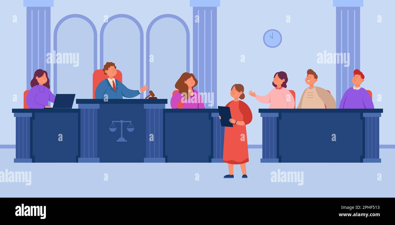 Male and female people in courtroom flat vector illustration Stock