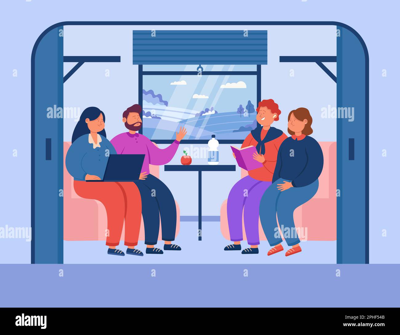 Couples travelling by train flat vector illustration Stock Vector
