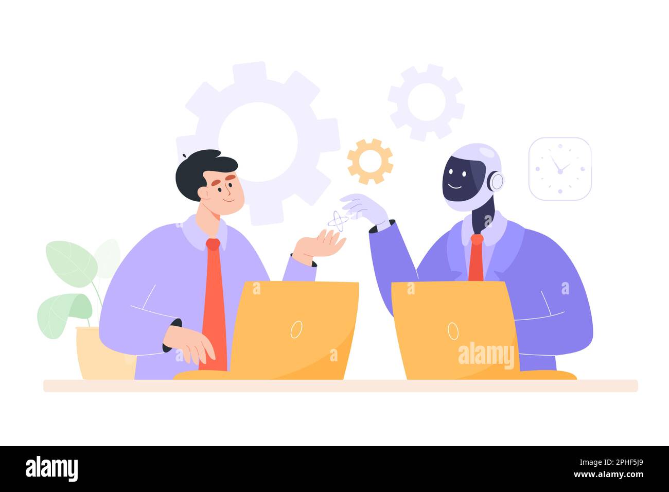 Office person smiling at robot character in workplace Stock Vector