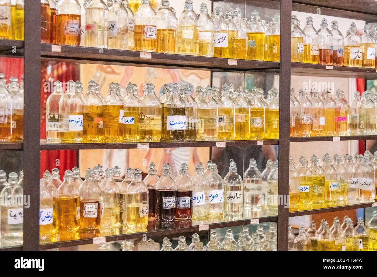 A collection of oils in glass bottles at a shop in Giza, Egypt Stock Photo