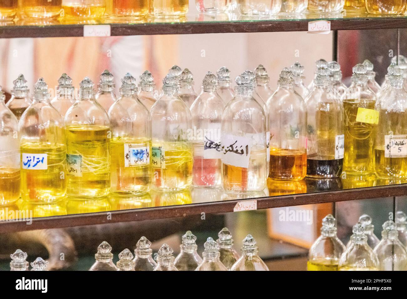 A collection of oils in glass bottles at a shop in Giza, Egypt Stock Photo