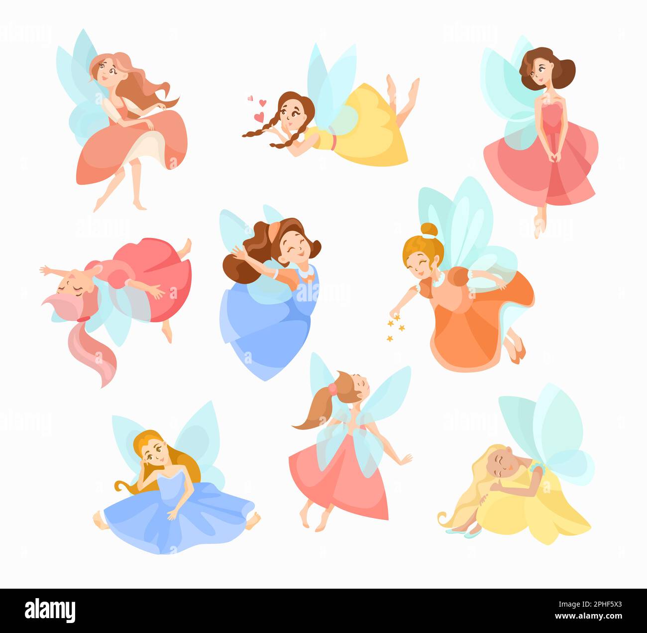 Cute elf or fairy cartoon characters vector illustrations set Stock
