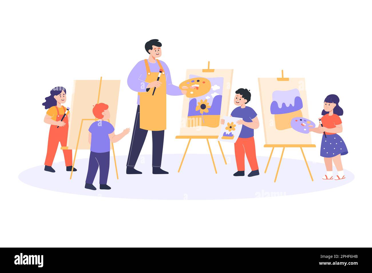 Kids drawing on easels in art class flat vector illustration Stock