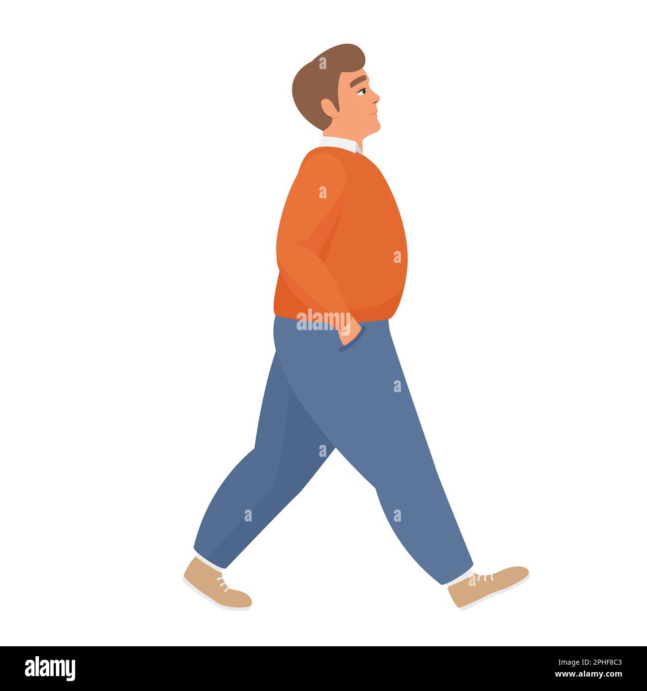 Walking fat boy. Chubby man going for a walk, obese people vector cartoon illustration Stock Vector