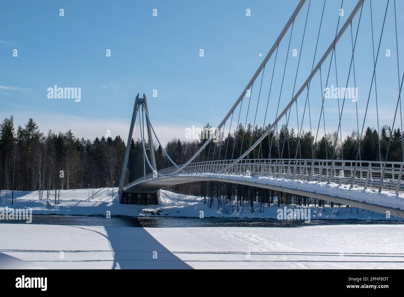 Umea, Norrland Sweden - March 26, 2023: the Lundabron on a sunny winter day. By the Umea River. Vasterbotten in the North of Sweden. Stock Photo