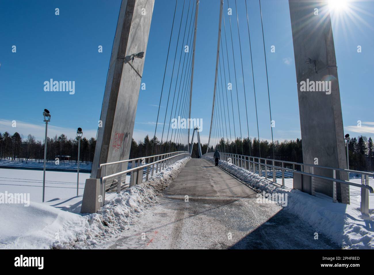 Umea, Norrland Sweden - March 26, 2023: the Lundabron on a sunny winter day. By the Umea River. Vasterbotten in the North of Sweden. Stock Photo