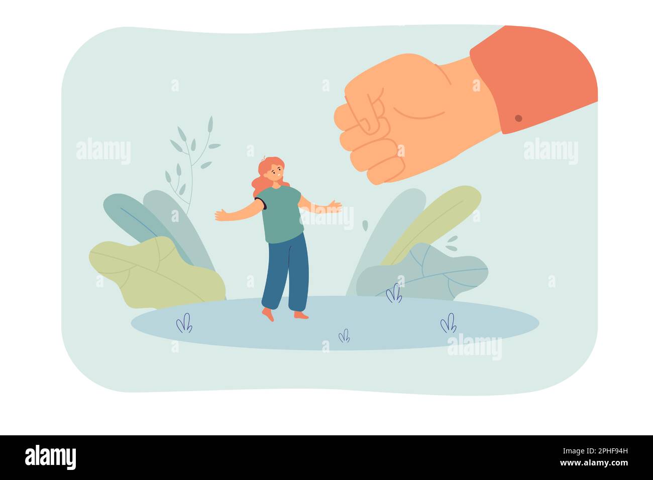 Huge fist threatening tiny girl flat vector illustration Stock Vector