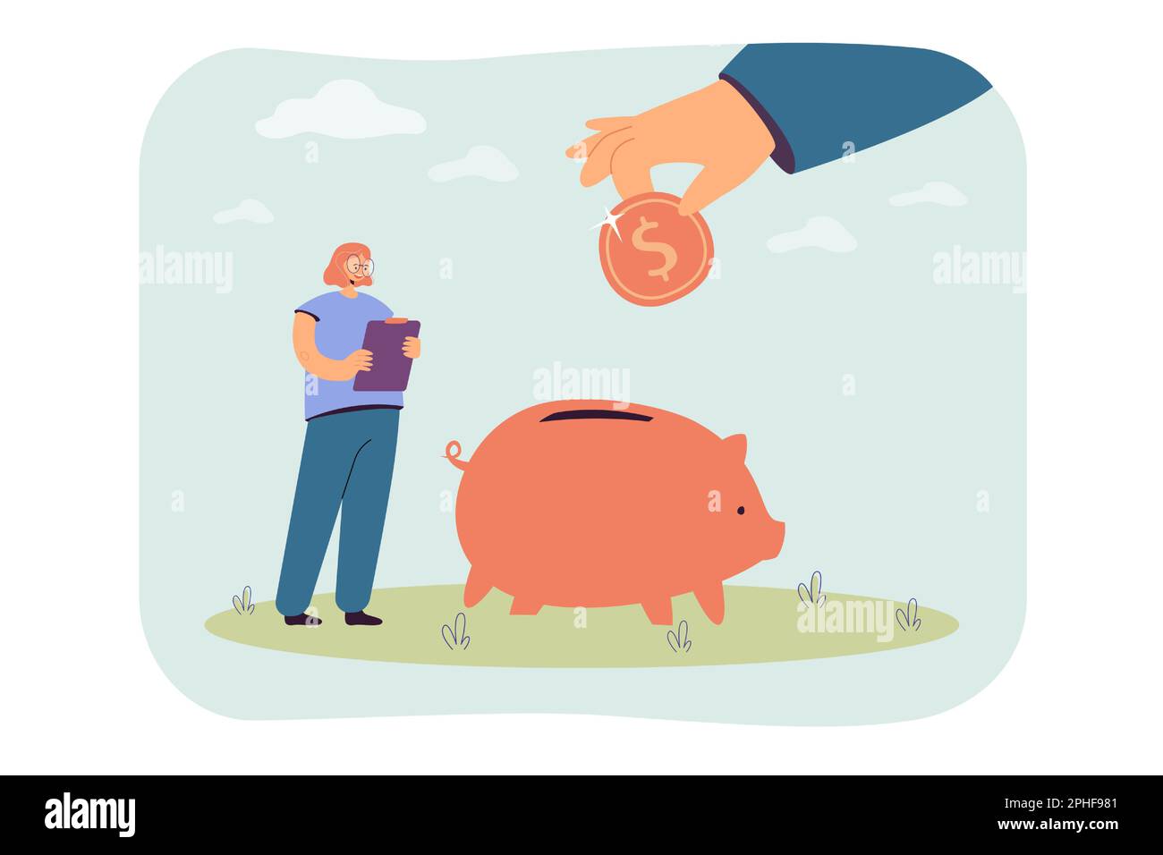 Huge hand putting coin into piggy bank flat vector illustration Stock ...