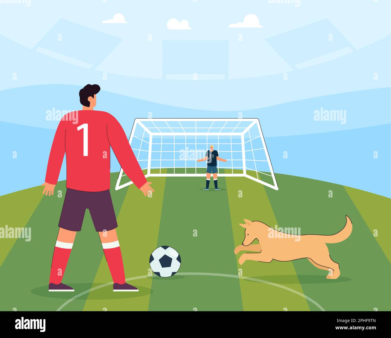 Dog playing with football on stadium during game Stock Vector