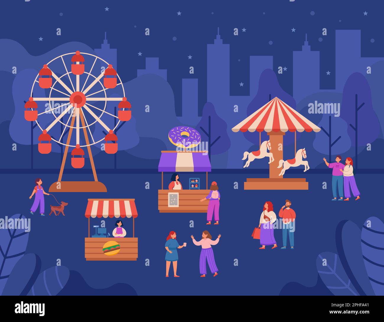 People in night amusement park flat vector illustration Stock Vector ...