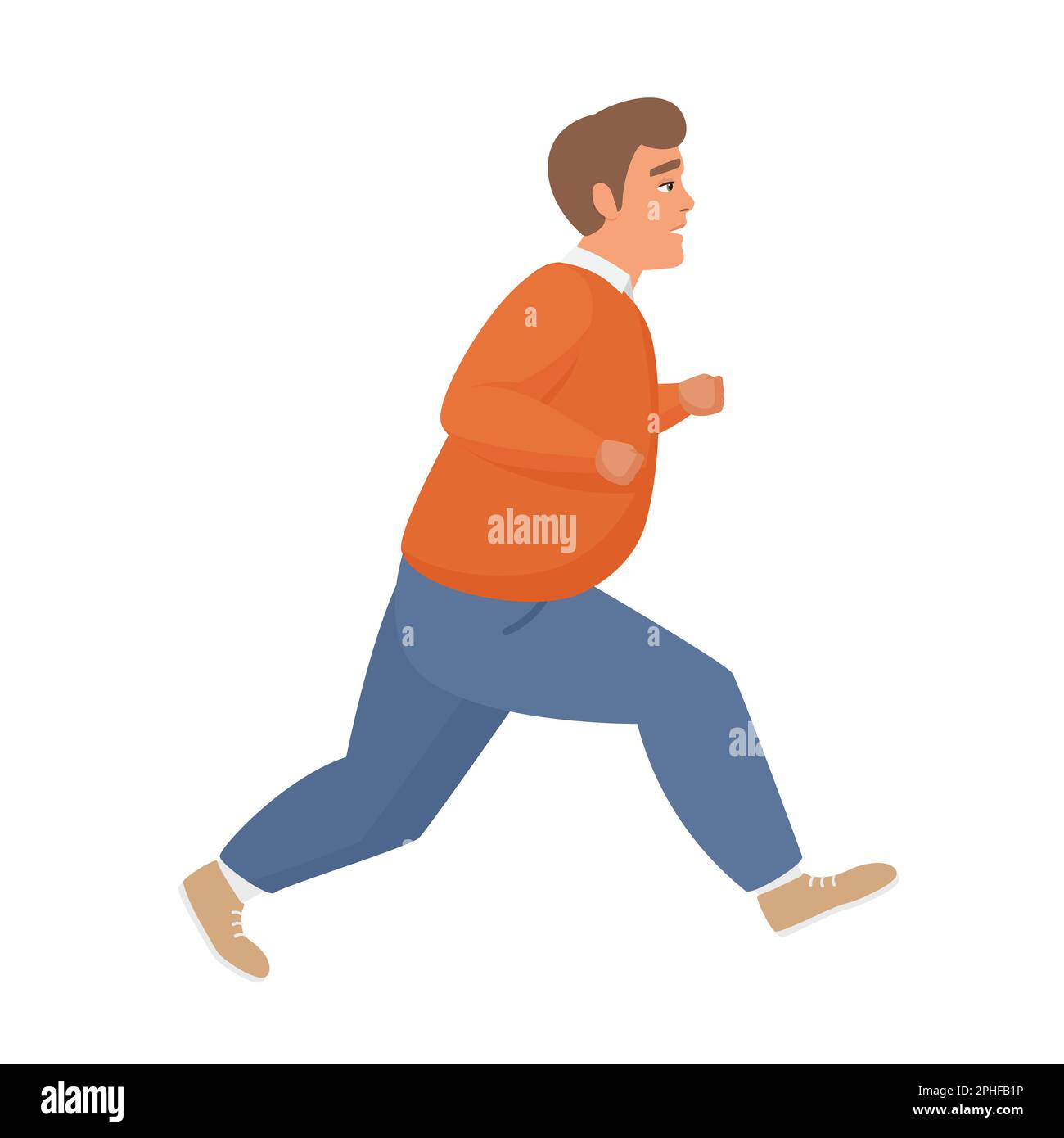 Fat boy running. Obese man in a hurry, plus size people sprinting vector cartoon illustration Stock Vector