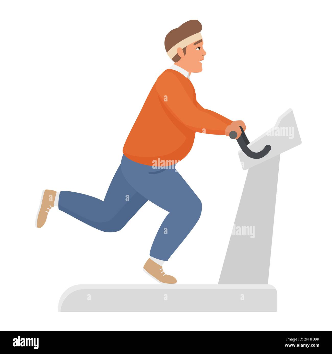 Fat man running on treadmill. Weight loss training, plus size man