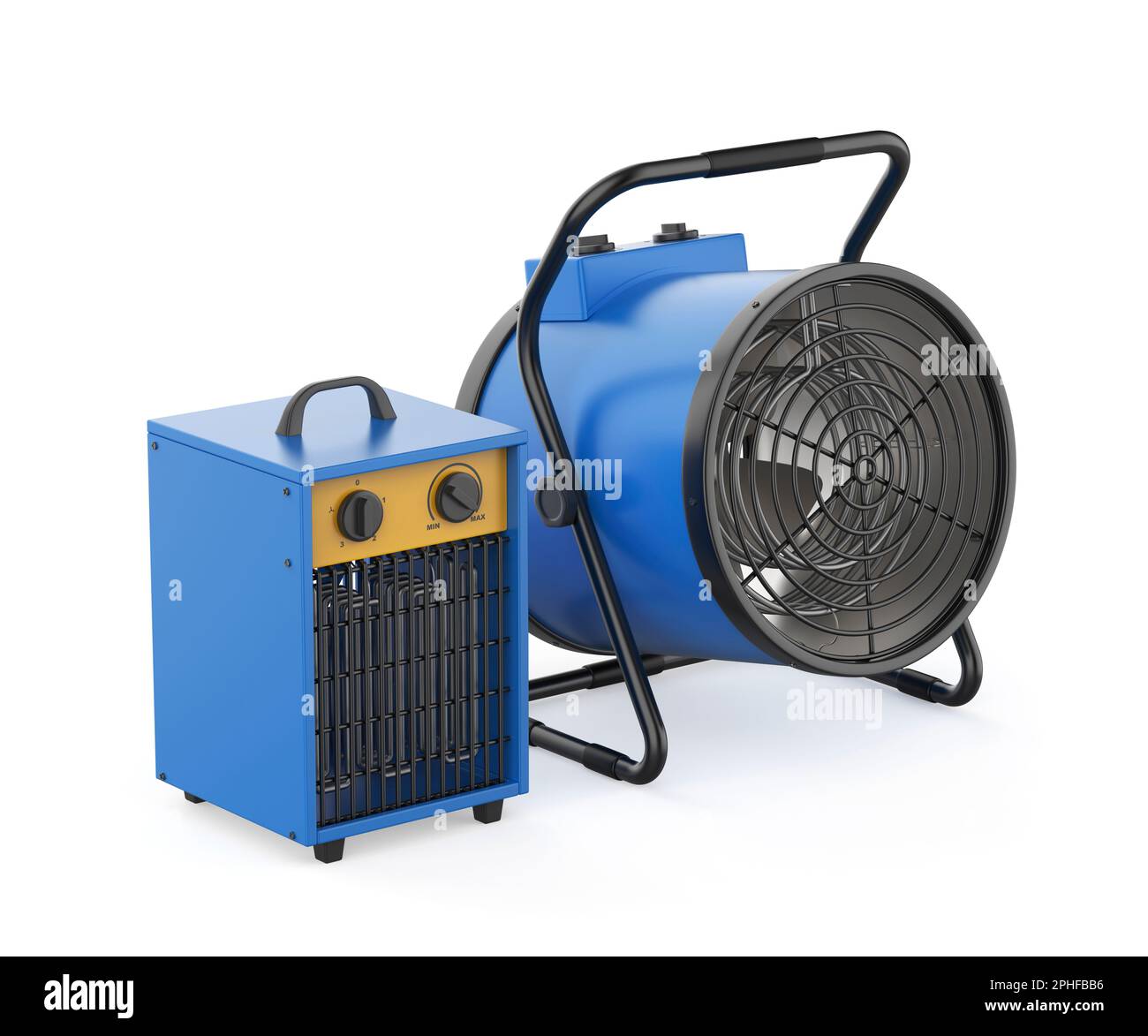 Two different industrial electric fan heaters on white background Stock