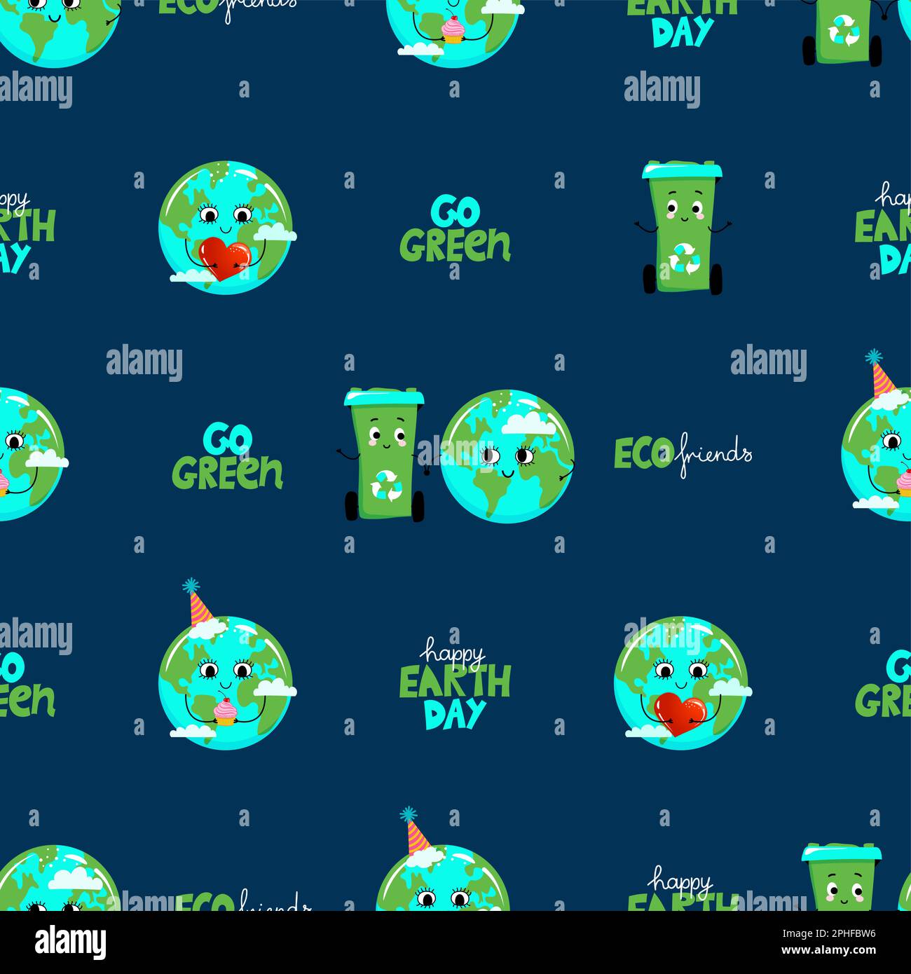 Happy Earth Day - Cute cartoon earth character. Save the planet with cute characters. Seamless pattern for wrapping, fabric, wallpaper, texture. Stock Vector