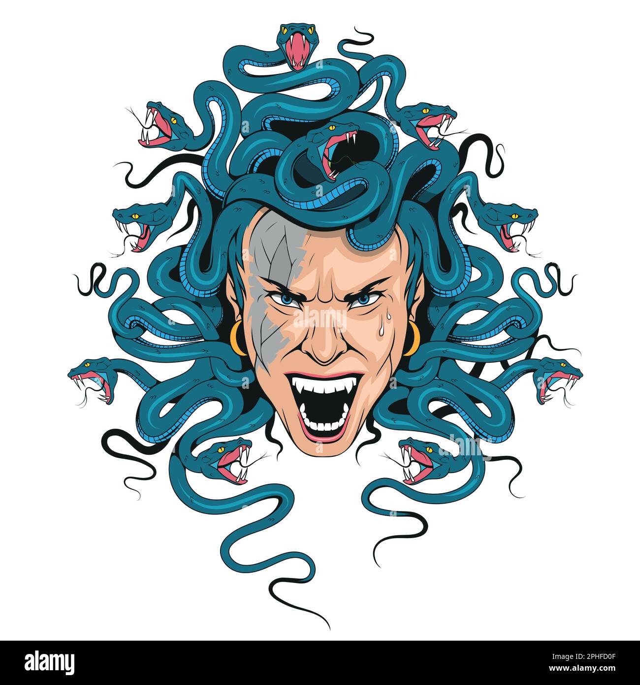 Medusa head with snakes greek myth creature pop art retro vector illustration. Isolated image on white background. Comic book style imitation. Stock Vector