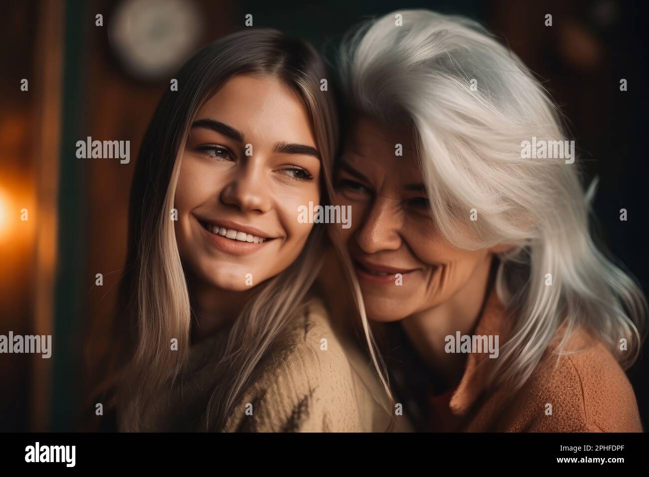 Young woman with older mother cuddling together. Mothers day. Generative ai Stock Photo