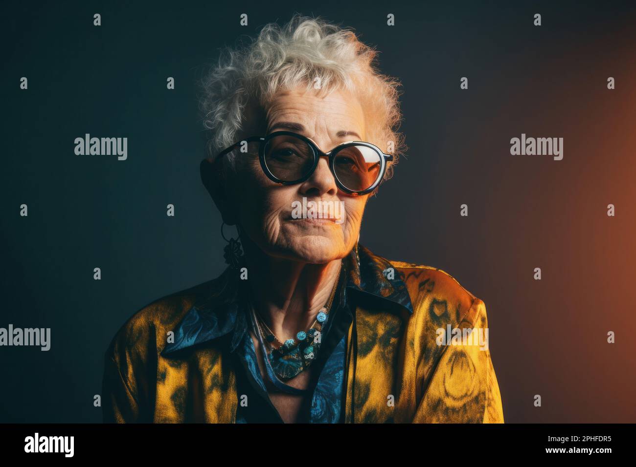 Portrait of a cool trendy old woman wearing fashionable clothes and sunglasses. Generative ai Stock Photo
