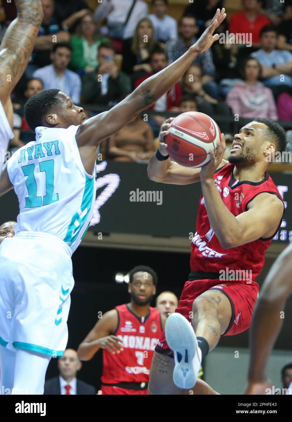Elie OKOBO of AS Monaco and Gerald AYAYI of ƒlan bŽarnais  Pau-Lacq-Orthezduring the French cup, Top 8, quarter-finals Basketball  match between ƒlan bŽarnais Pau-Lacq-Orthez and AS Monaco on March 18, 2023  at
