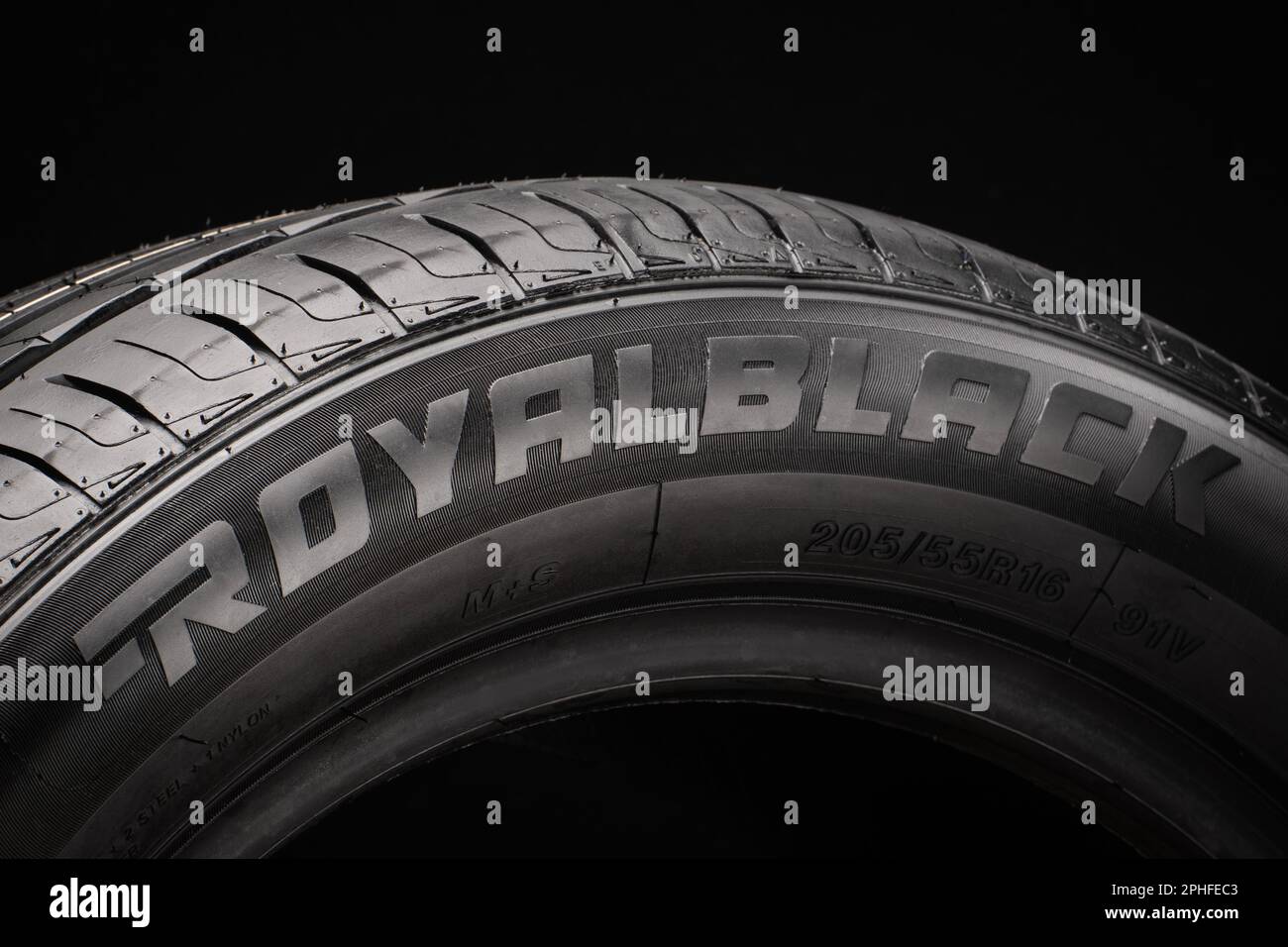 Chinese brand tires Royal Black. the sidewall of the tire is a closeup