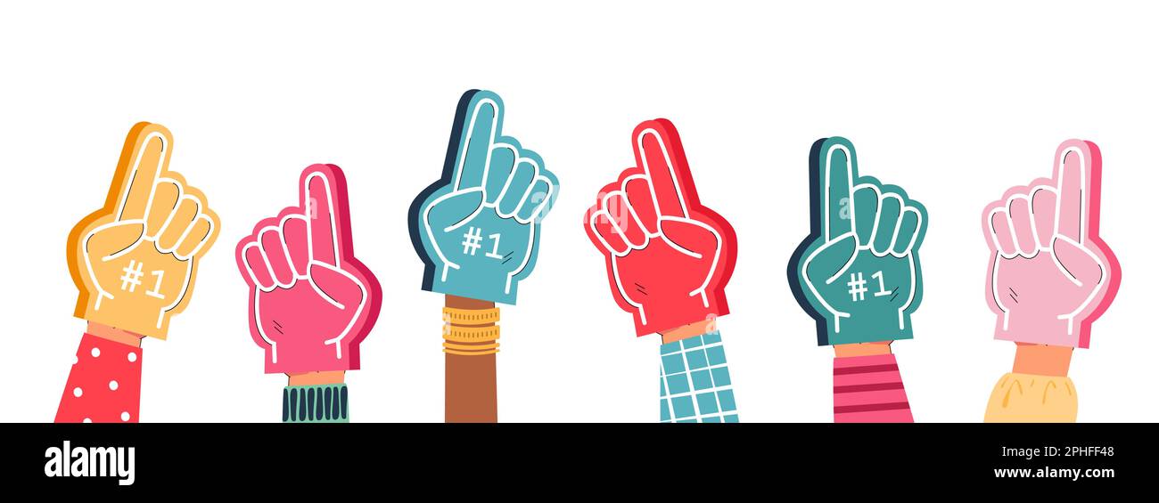 Hands of sports fans wearing foam fingers with number one Stock Vector