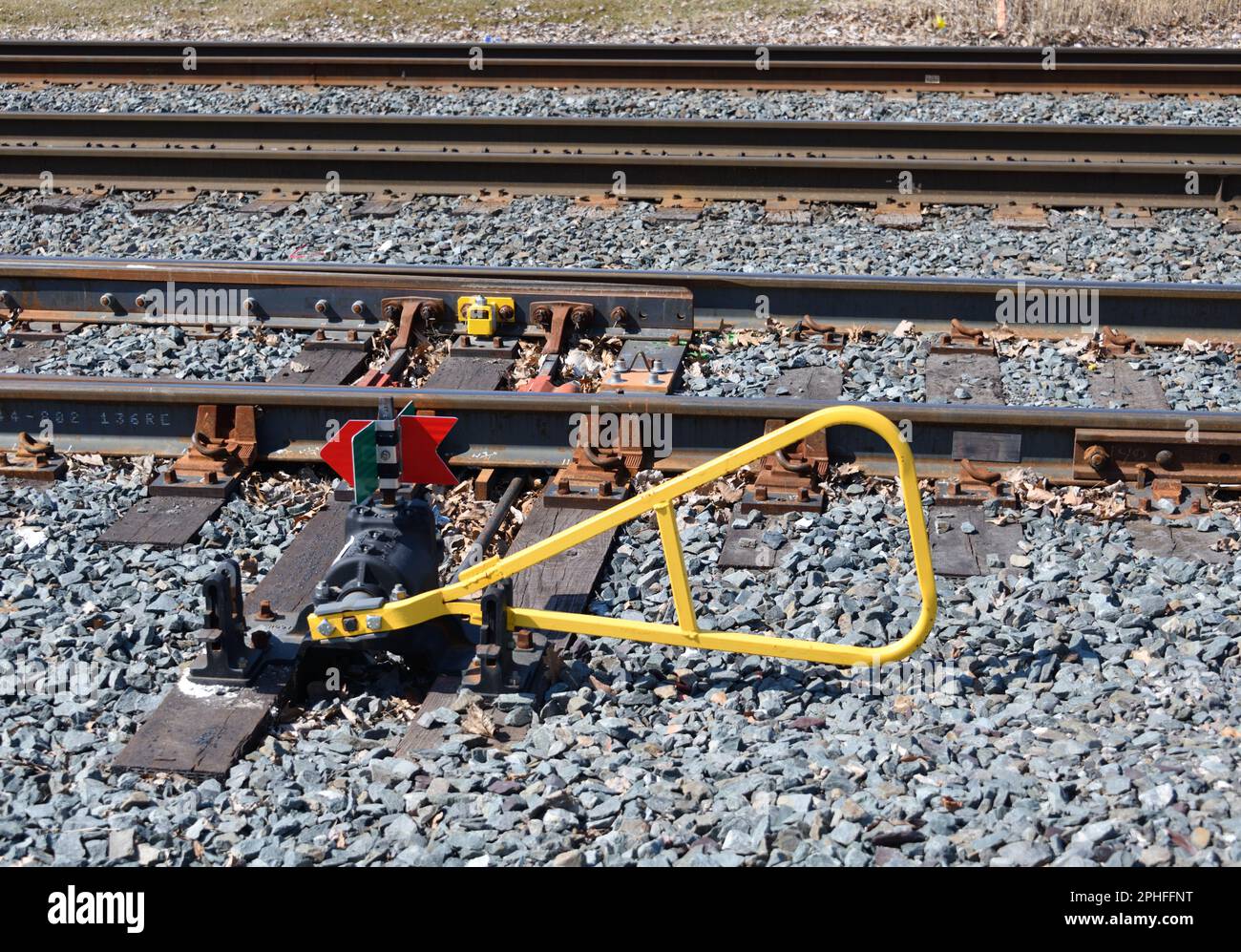 Hand operated railroad track switch at Hudson Station New York State USA. Stock Photo