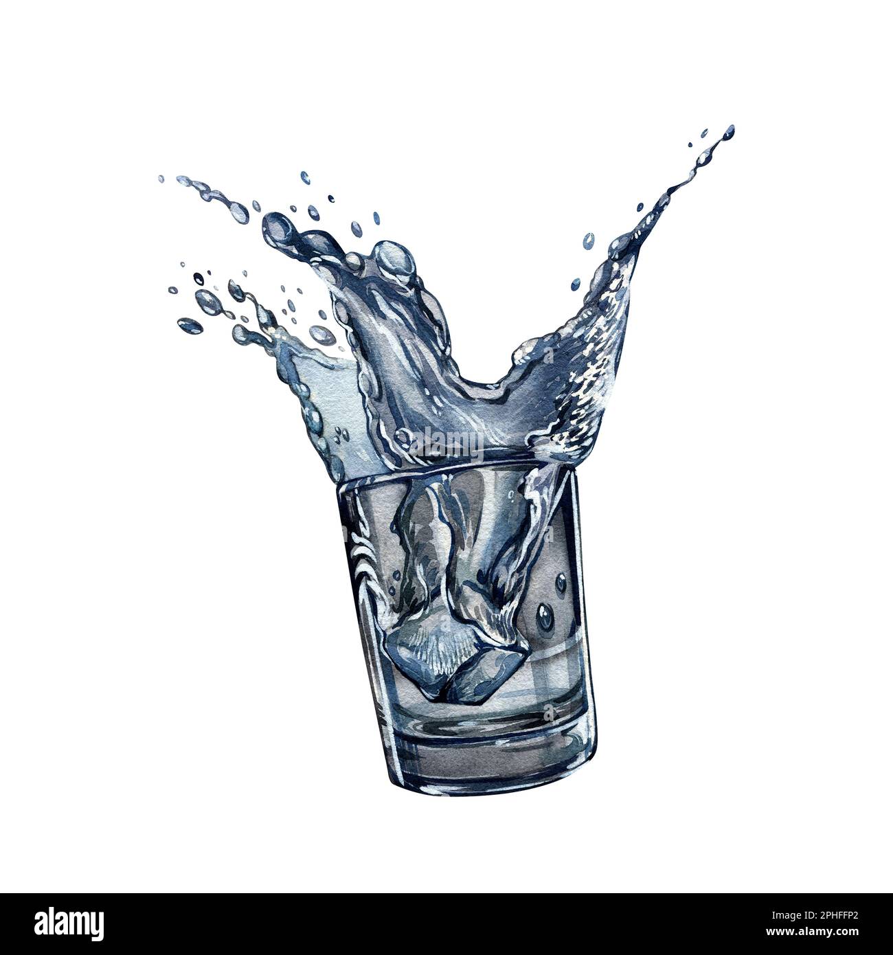 Glass of water with ice cubes, splash and drops isolated on white ...