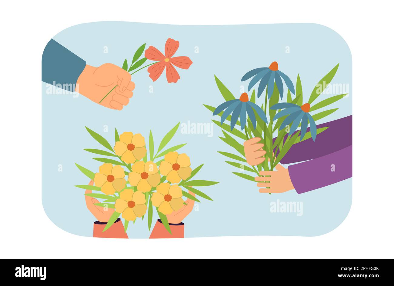 Bouquets of flowers in peoples hands flat vector illustration Stock ...