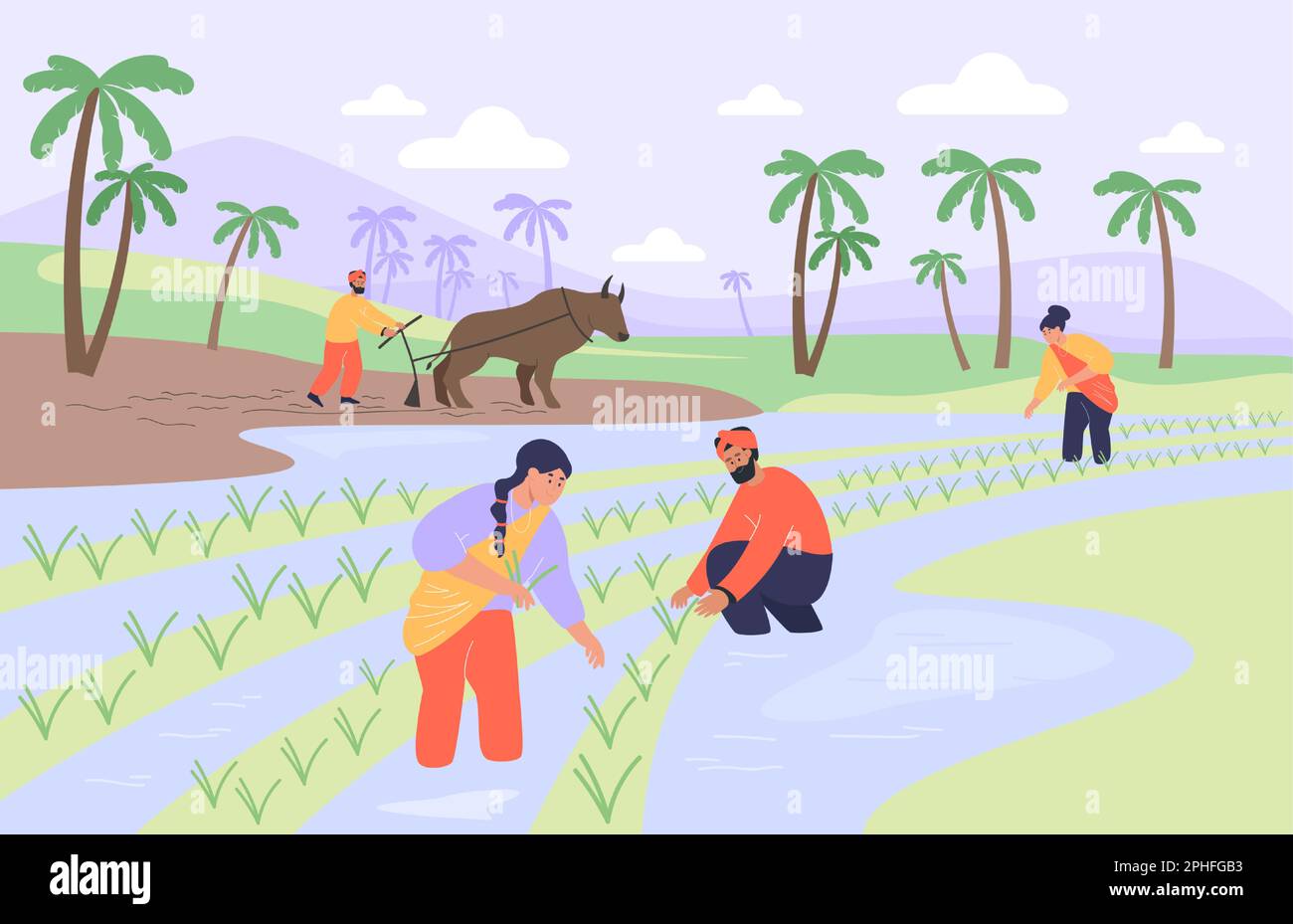 Indian village landscape with happy farmers working Stock Vector