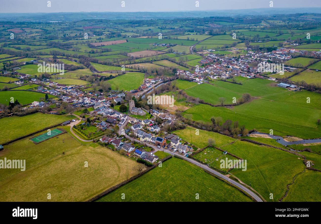 Aerial photo of the village of Culmstock, Devon in the Blackdown Hills